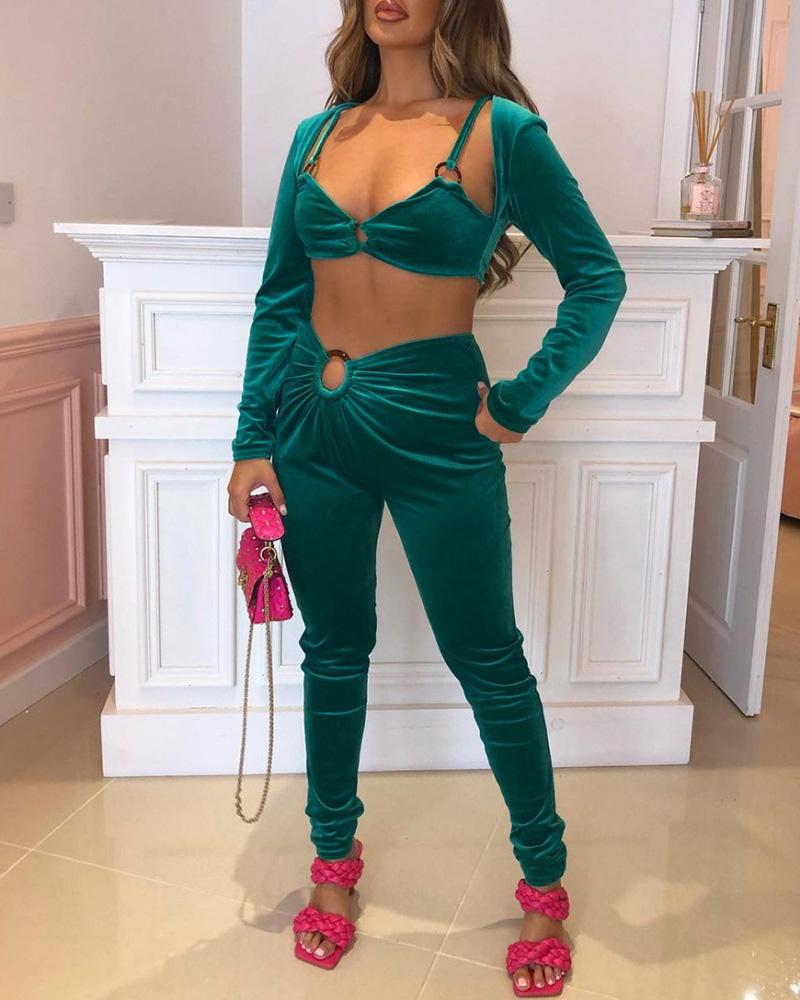 

Velvet O-Ring Decor Crop Top & Ruched Pants Set, Green