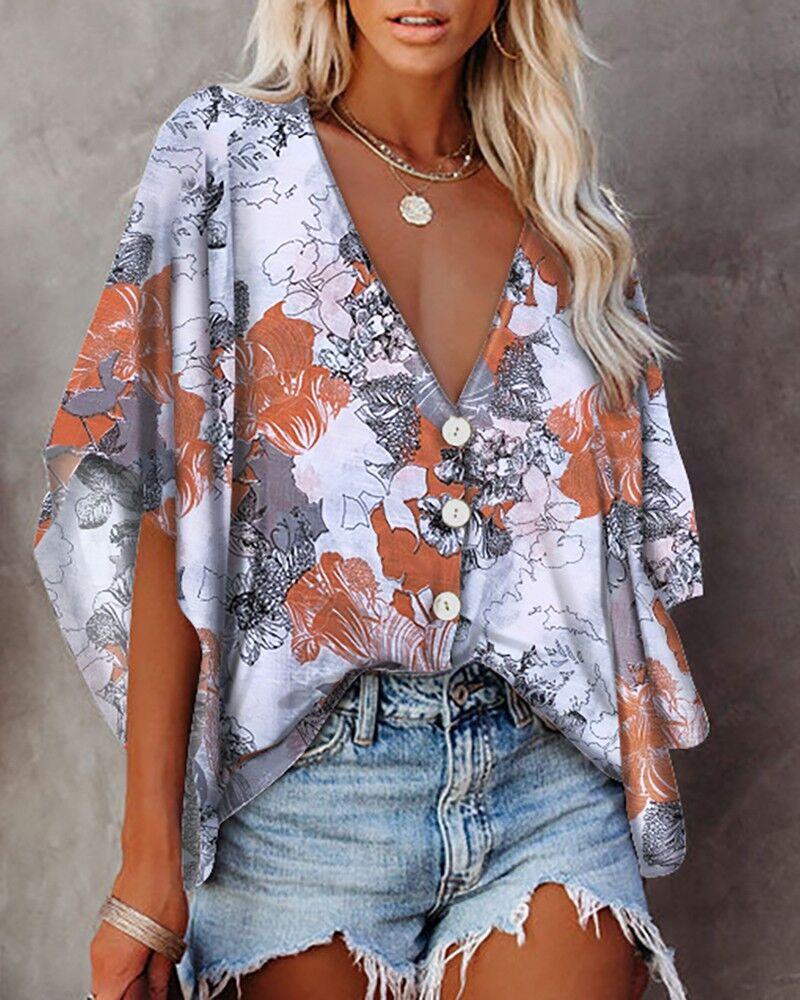 

Floral / Colorblock Button Front Ruffles Top, White
