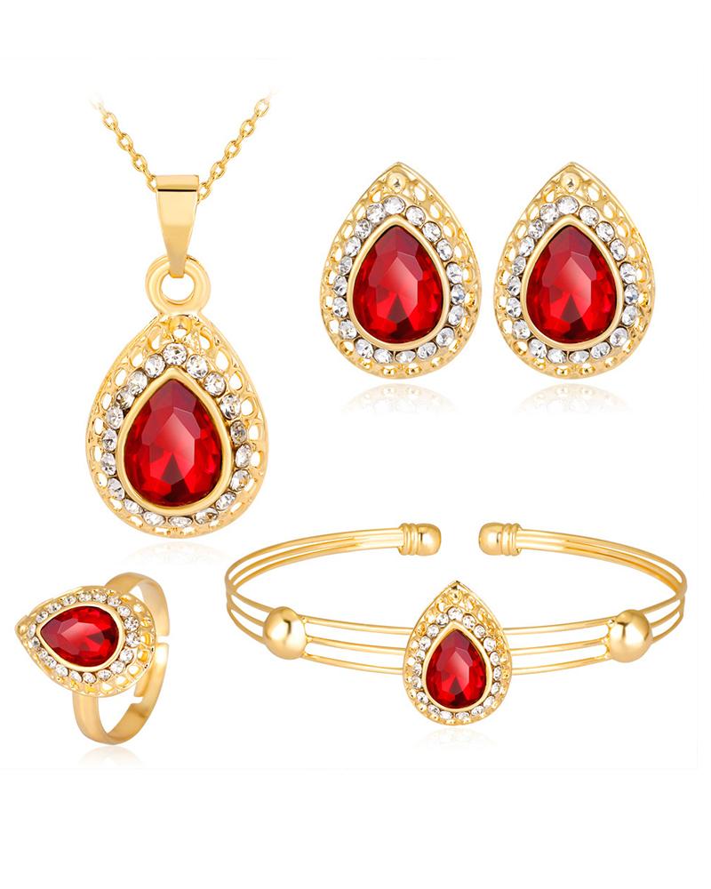 

4pcs Teardrop Gem Stone Pendant Necklace & Bracelet & Ring & Earring Jewelry Set, Red