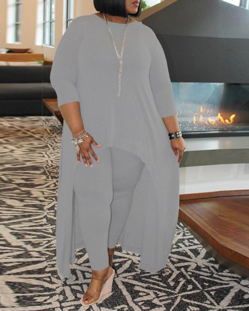 

Solid Asymmetrical Hem Top & Pants Set, Gray