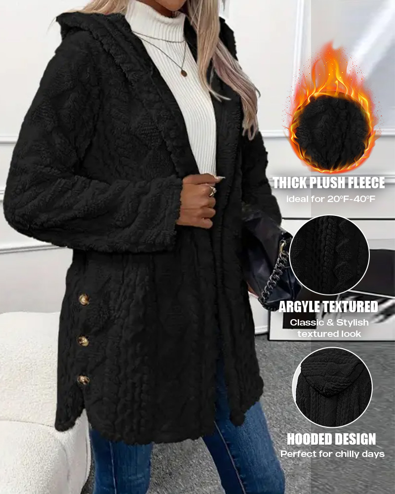 

Argyle Textured Button Down Side Slit Long Sleeve Fleece Teddy Coat Hooded Jacket Warm Outwear, Black