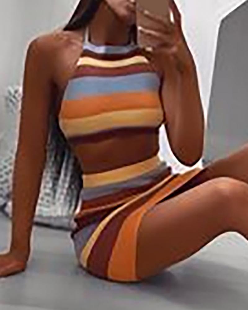 

Halter Colorblock Crop Knit Top & Skirt Set, Multicolor