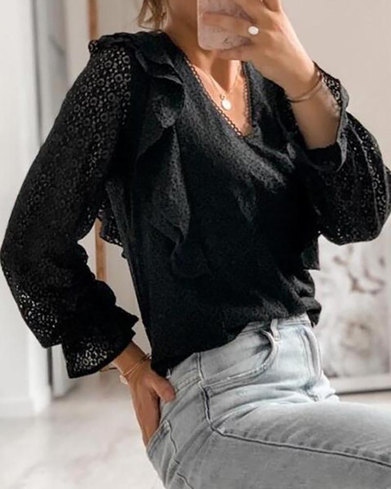 

Ruffles Hem Long Sleeve Lace Trim Blouse, Black