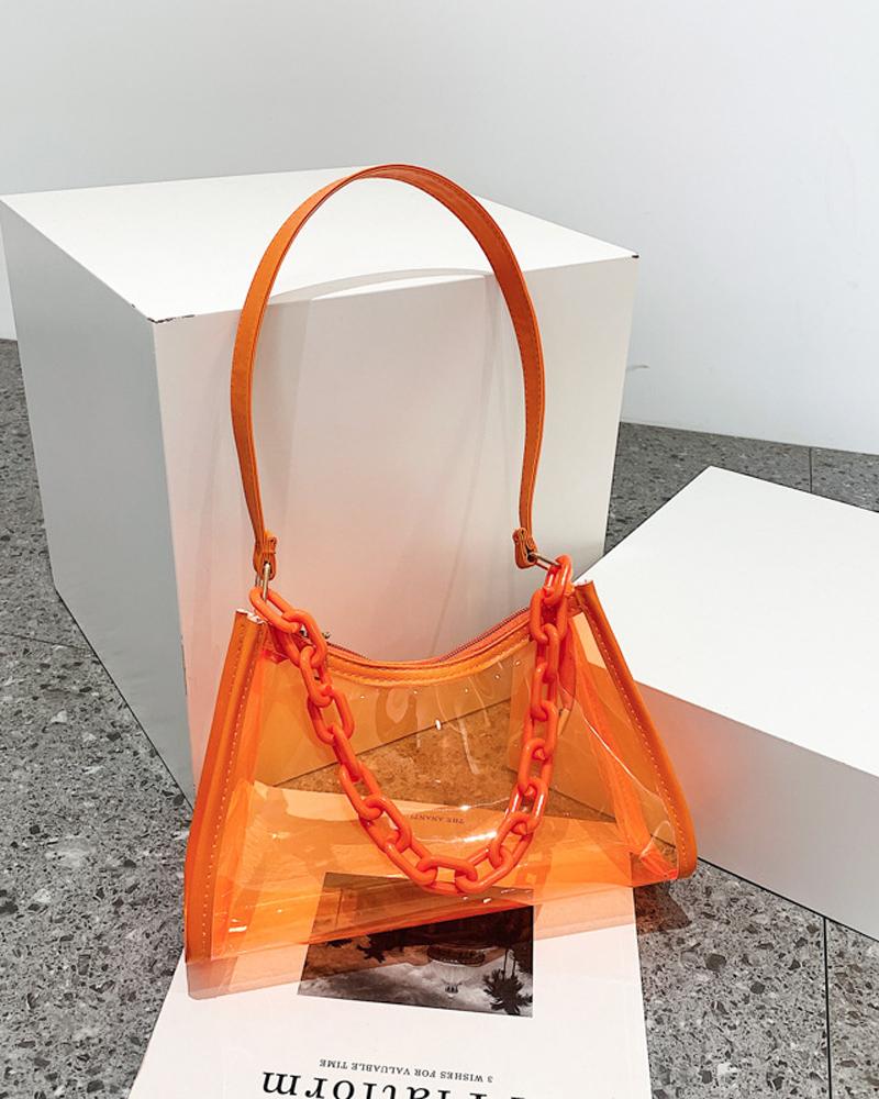 

Chain Decor Clear Baguette Bag, Orange