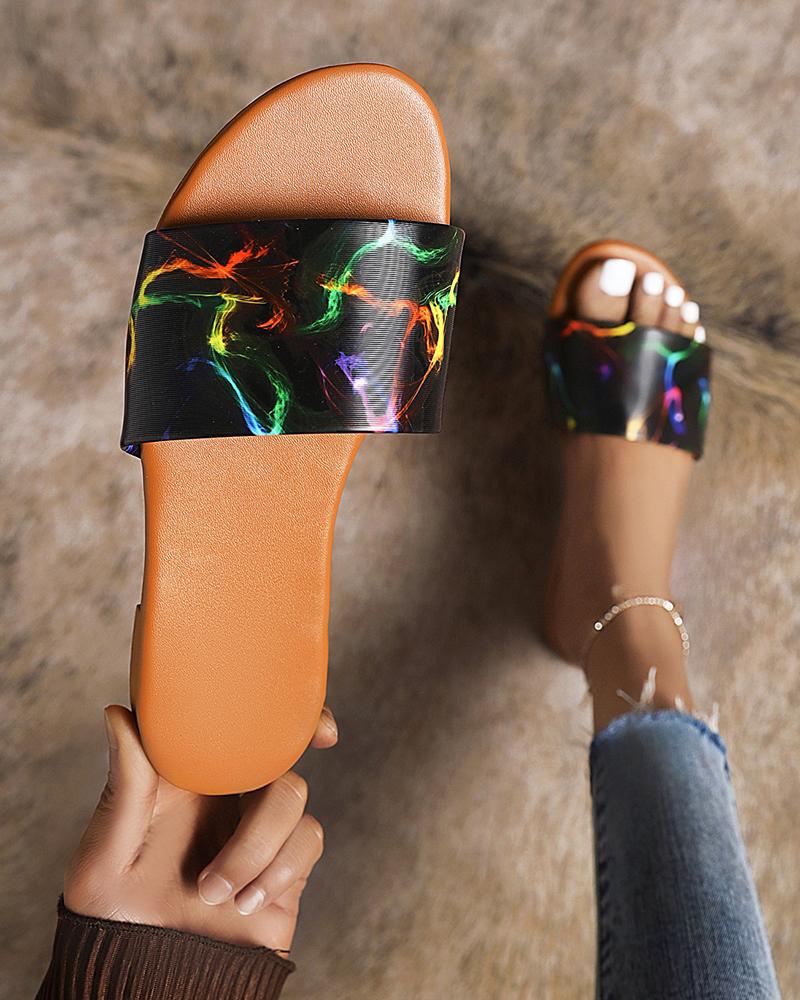 

Tie Dye 3D Print Round-toe Flat Sandals, Black