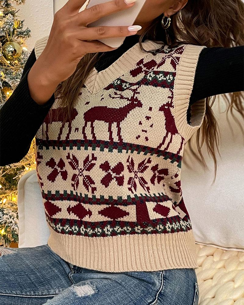 

Christmas Snowflake Elk Pattern Sweater Vest, Apricot