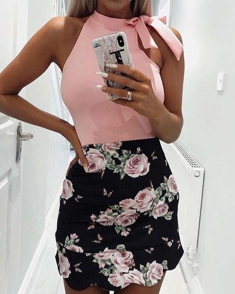 

Bowknot Decor Floral Print Sleeveless Casual Dress, Pink