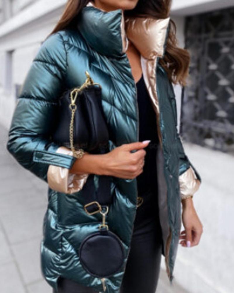 

Quilted Stand Collar Zipper Design Puffer Coat, Green