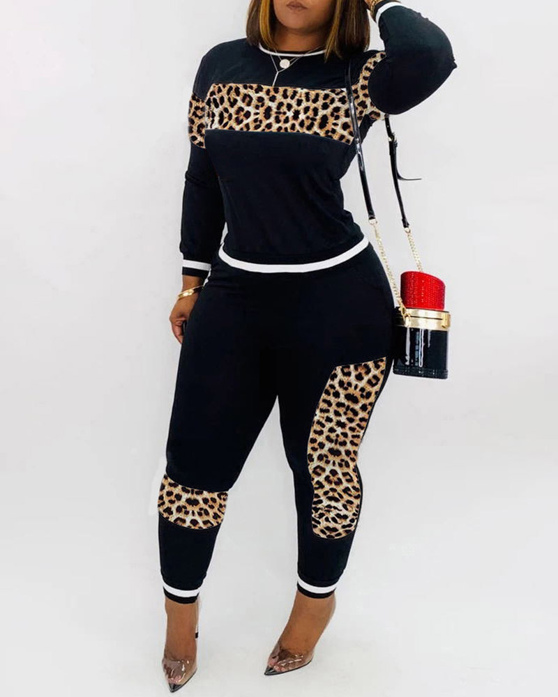 

Plus Size Contrast Leopard Long Sleeve Top & Pants Set, Black