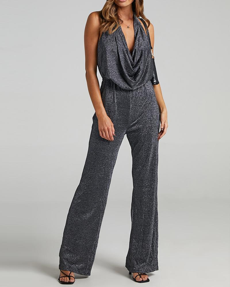 

Glitter Cowl Neck Sleeveless O-Ring Wide Leg Jumpsuit, Dark grey