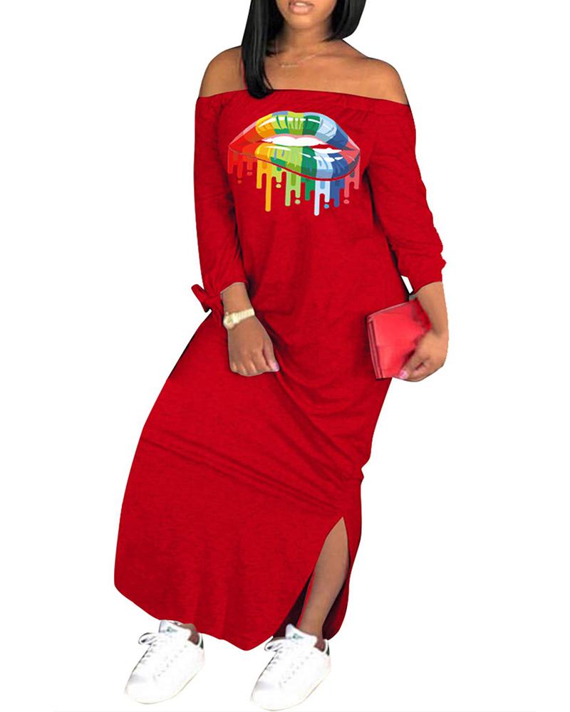 

Off Shoulder Lip Print Straight Slit Dress, Red