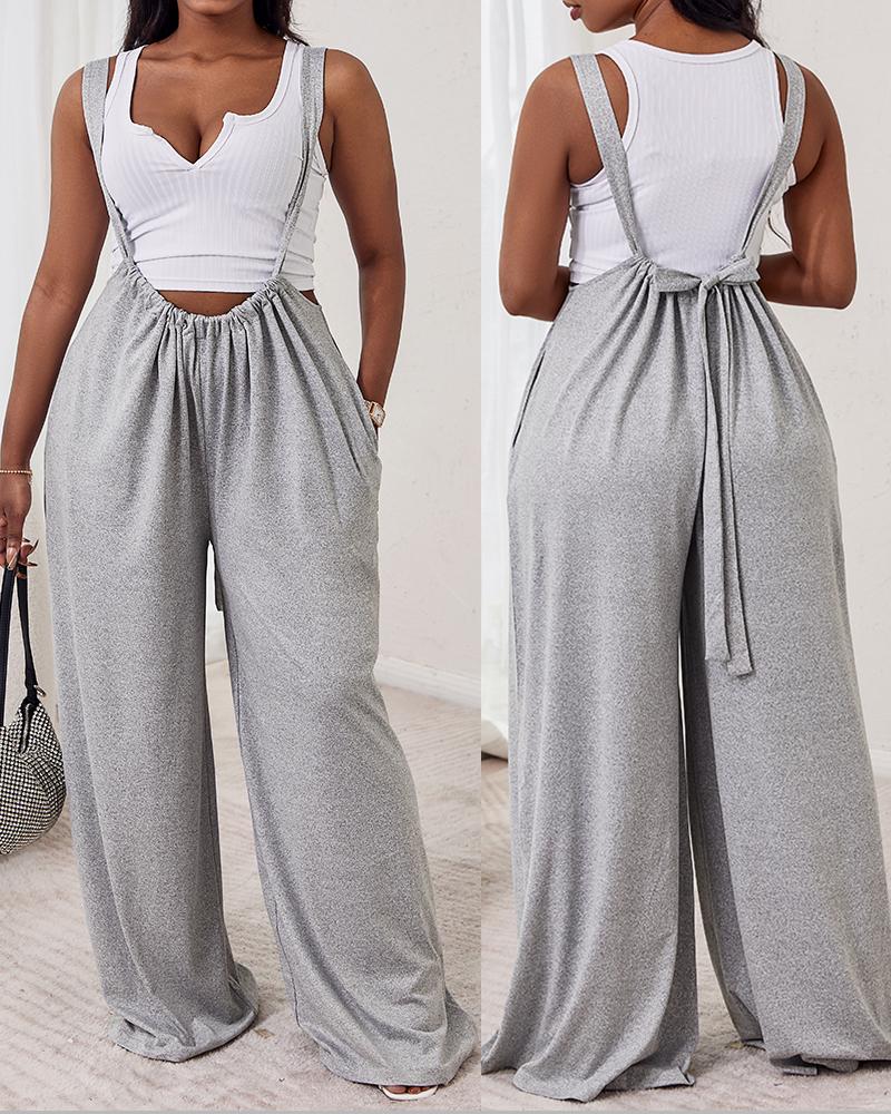 

Plain Wide Leg Suspender Jumpsuit, Gray