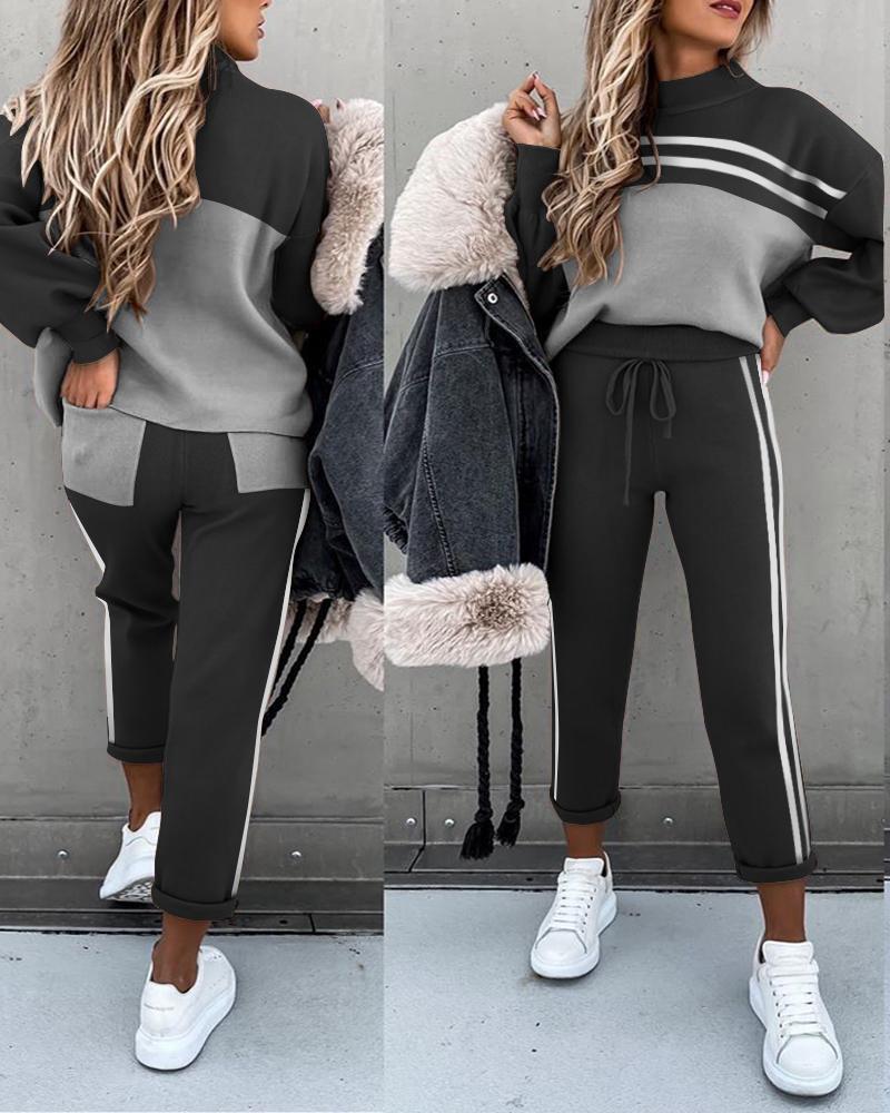 

Colorblock Lantern Sleeve Women Top & Drawstring Pants Set, Black