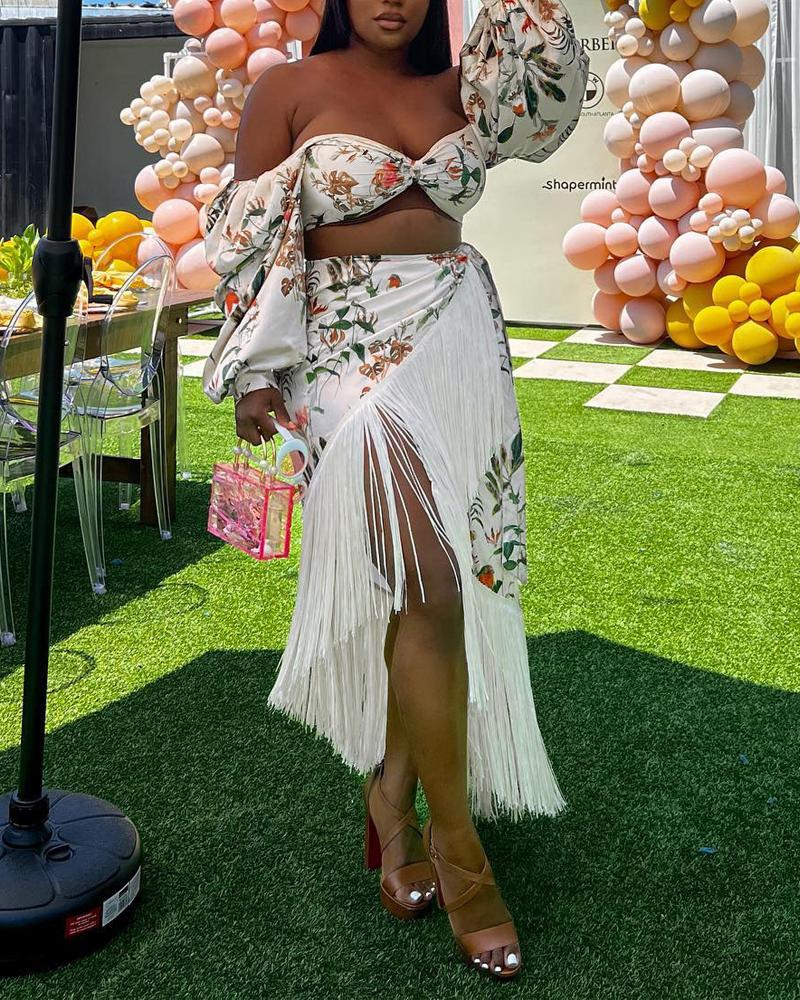 

Plus Size Plants Print Off Shoulder Crop Top & Tassel Trim Skirt Set, White