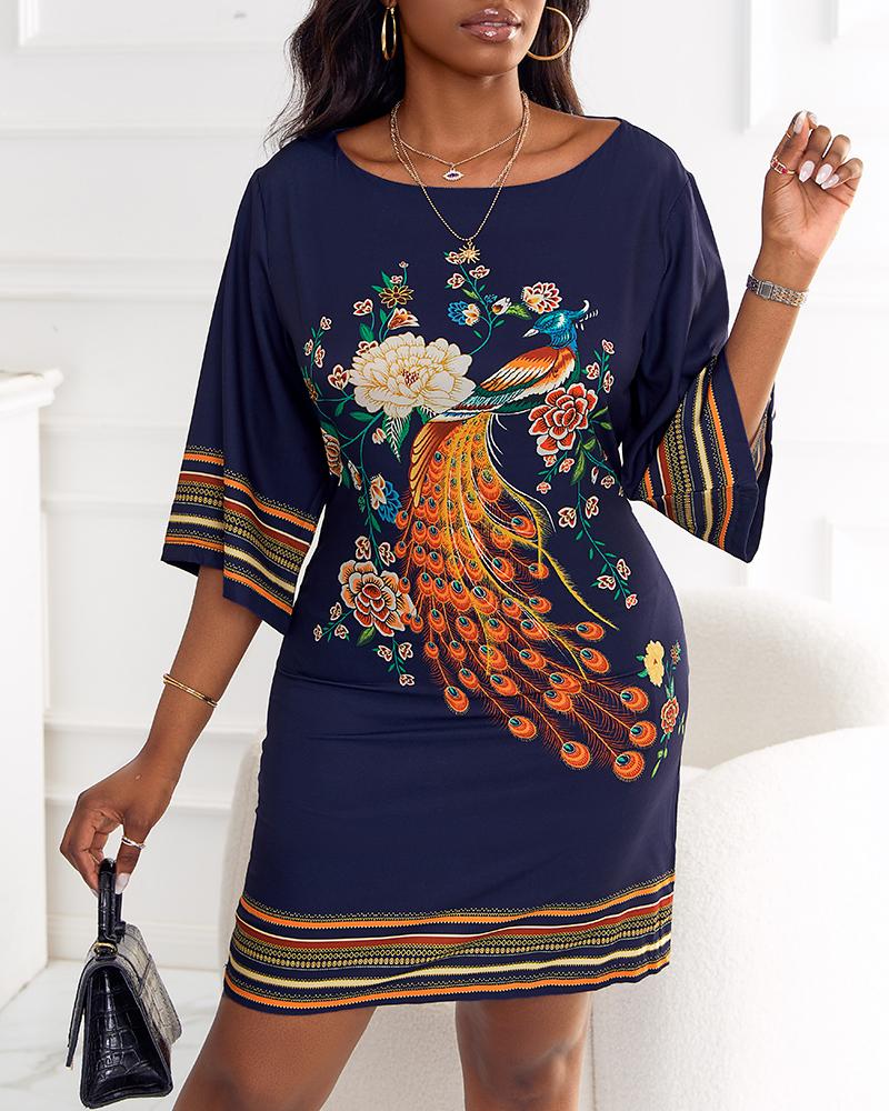 

Peacock Floral Print Round Neck Casual Dress, Dark blue