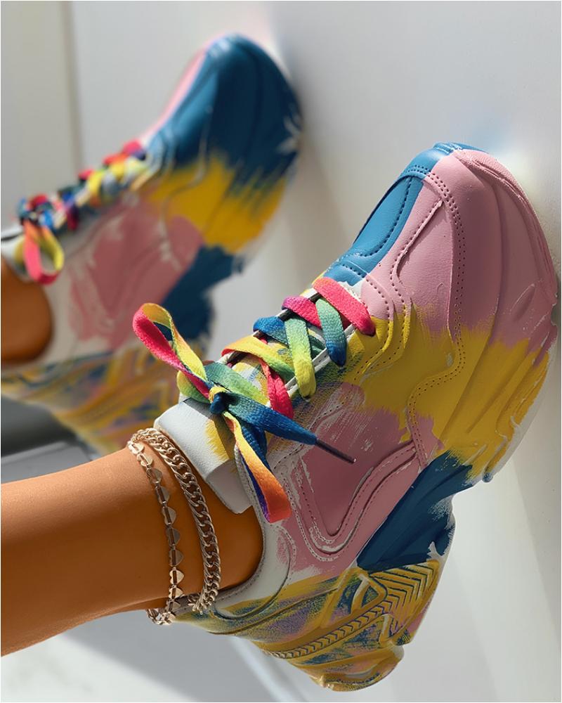 

Colorblock Lace-Up Muffin Sneakers, Pink