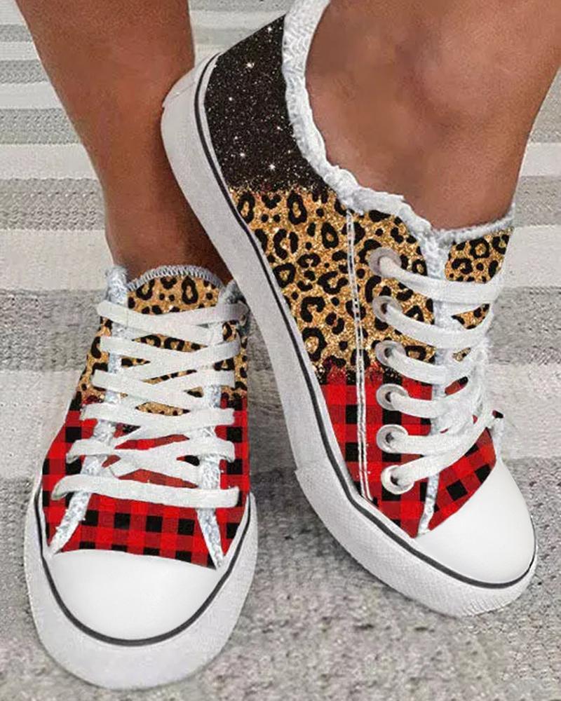 

Valentine's Day Cheetah Plaid Print Ombre Fringe Hem Canvas Sneakers, Black&red