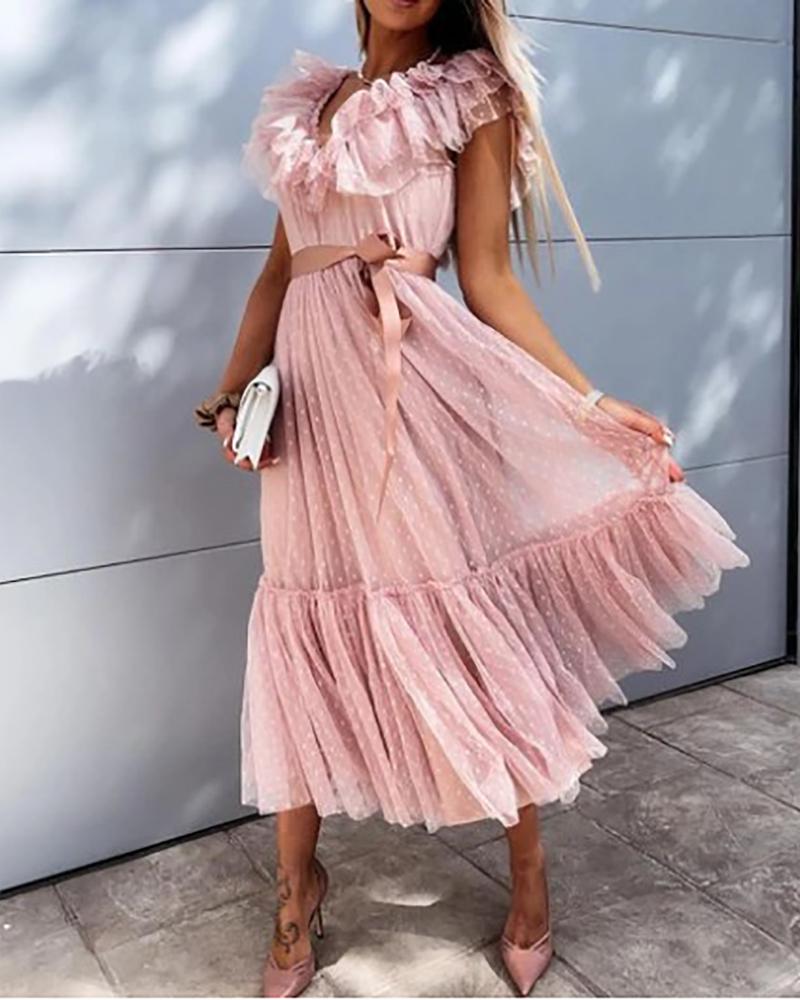 

Ruffles Trim Frill Hem Dot Mesh Prom Dress, Pink