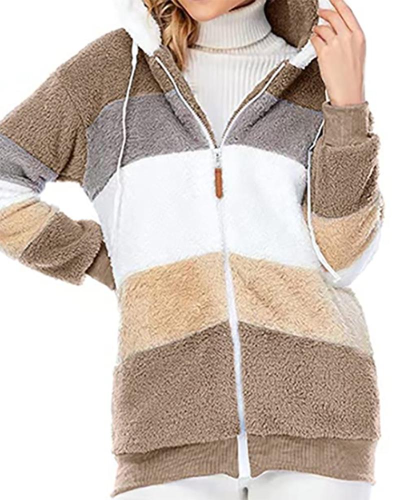 

Colorblock Zip Front Pocket Design Hooded Teddy Coat, Khaki