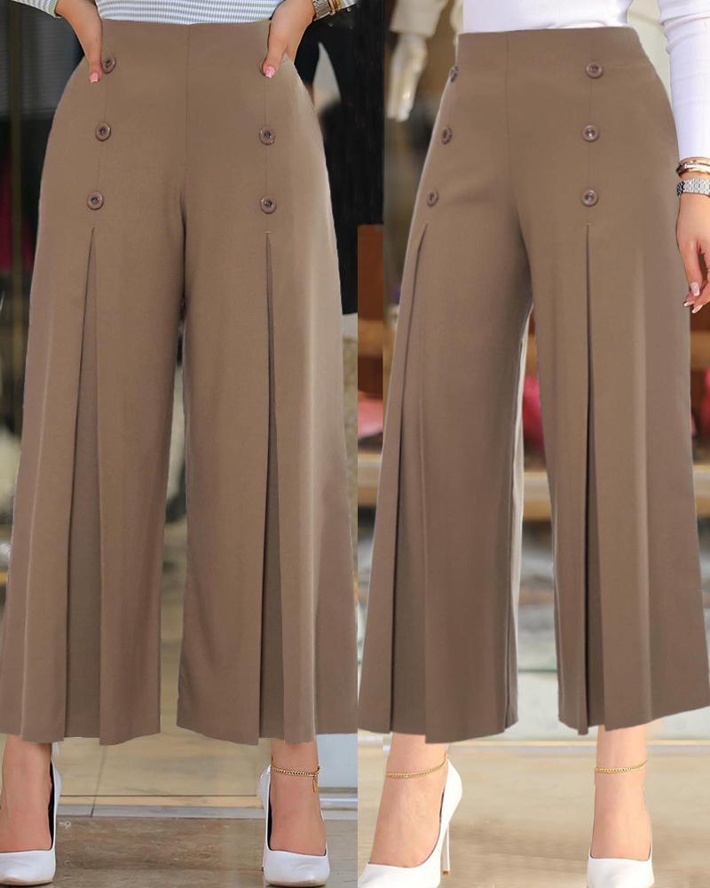 

High Waist Ruched Wide Leg Work Pants, Brown