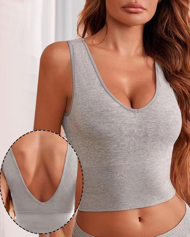 

Plain V-Neck Backless Bralette, Gray