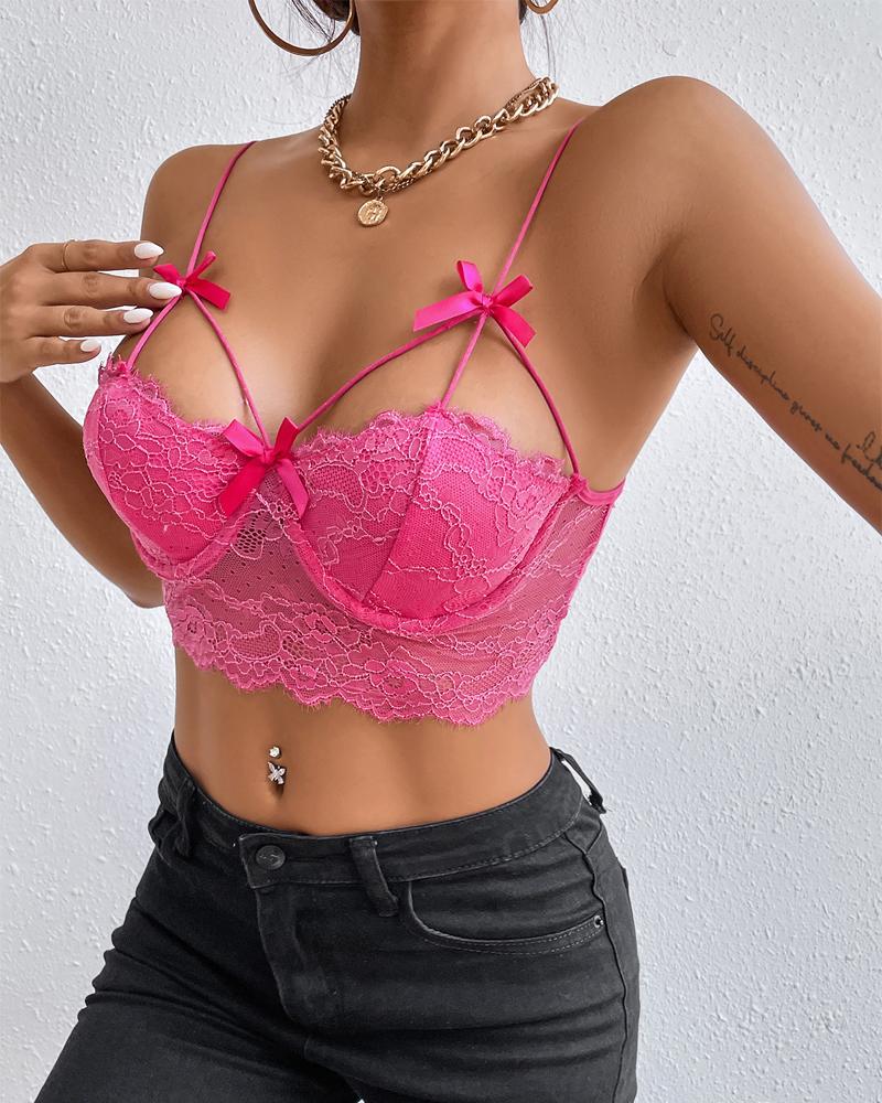 

Bowknot Decor Lace Crop Cami Top, Hot pink