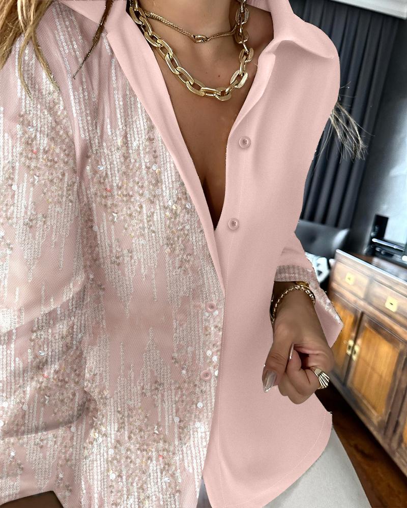 

Buttoned Contrast Sequin Long Sleeve Top, Pink