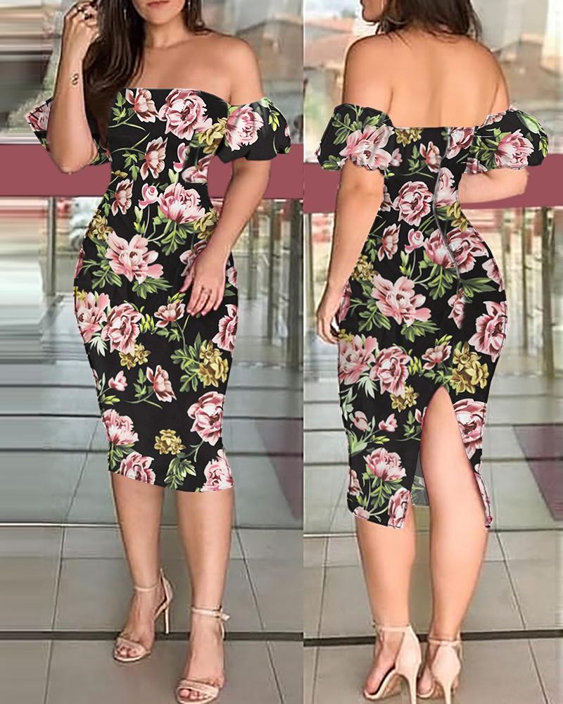 

Off Shoulder Floral Print Short Sleeve Dress, Black