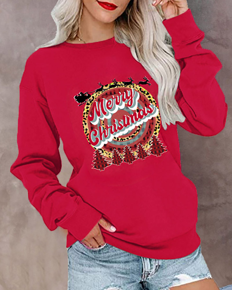 

Christmas O-Neck Long Sleeve Graphic Letter Print Top, Red