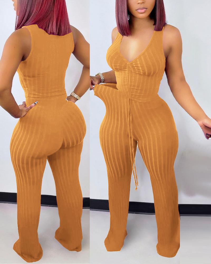 

Ribbed Drawstring Crop Tank Top & Pants Set, Orange