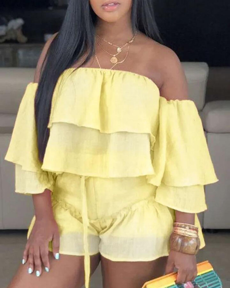 

Off Shoulder Bell Sleeve Ruffle Hem Top & Shorts Set, Yellow