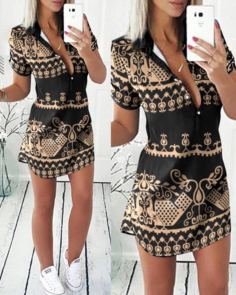 

Tribal Print Button Front Shirt Dress, Black