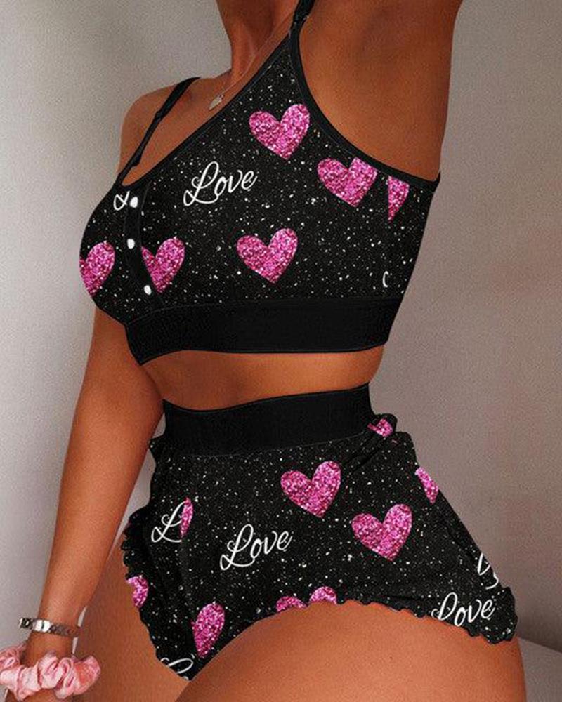 

Valentine' Day Love Heart Print Cami Set, Black