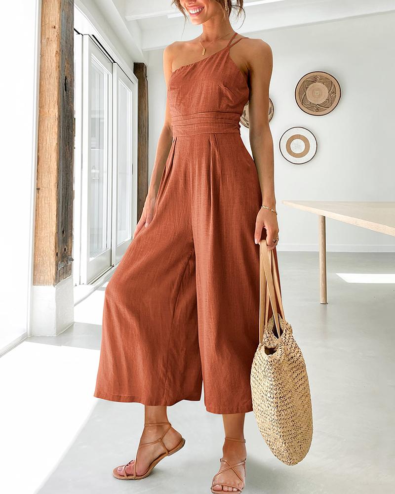 

One Shoulder Double Strap Pleated High Waist Wide Leg Jumpsuit, Red
