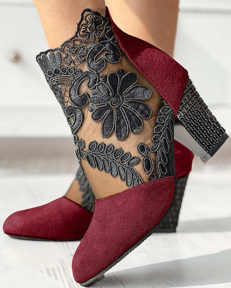 Bottines à talon épais et motif floral avec patch en dentelle