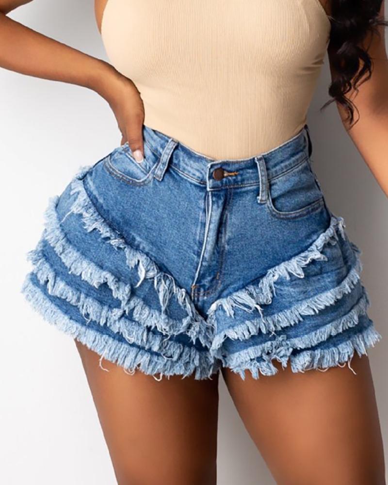 

Fringe Hem Button Design High Waisted Denim Shorts, Blue