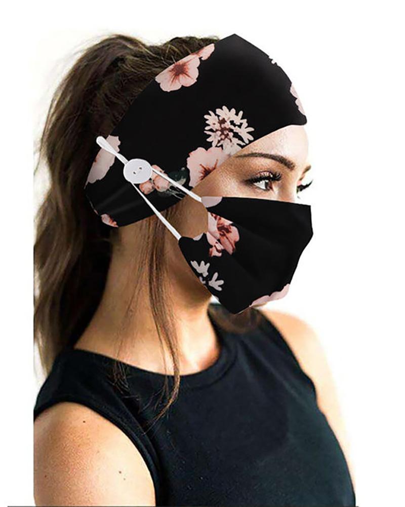 

Button Wide Headband Elastic Facemask Holder With Mouth Mask, Black