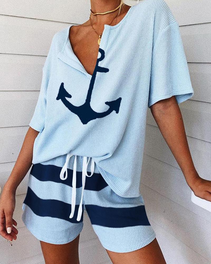 

Boat Anchor Print Striped Short Sleeve Pajamas Set, Blue