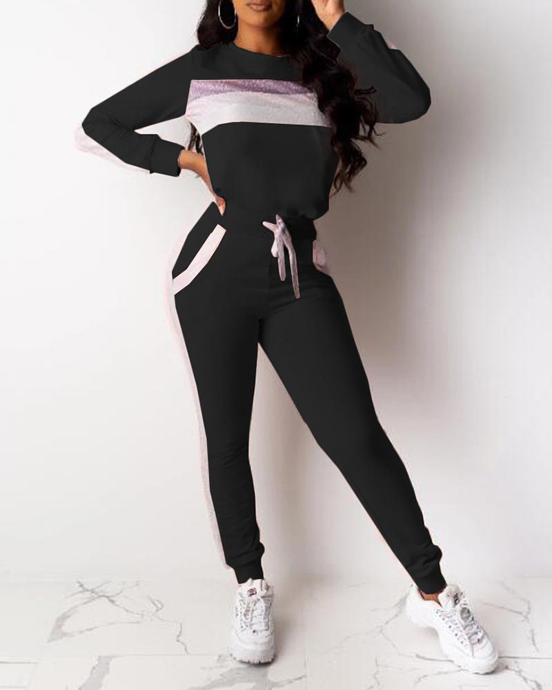 

Colorblock Long Sleeve Drawstring Suit Set, Black