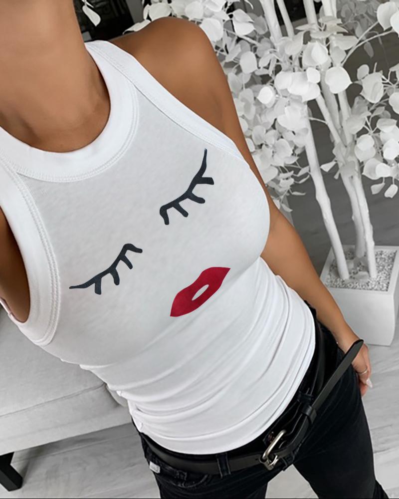 

Eyelash Lip Print Round Neck Tank Top, White