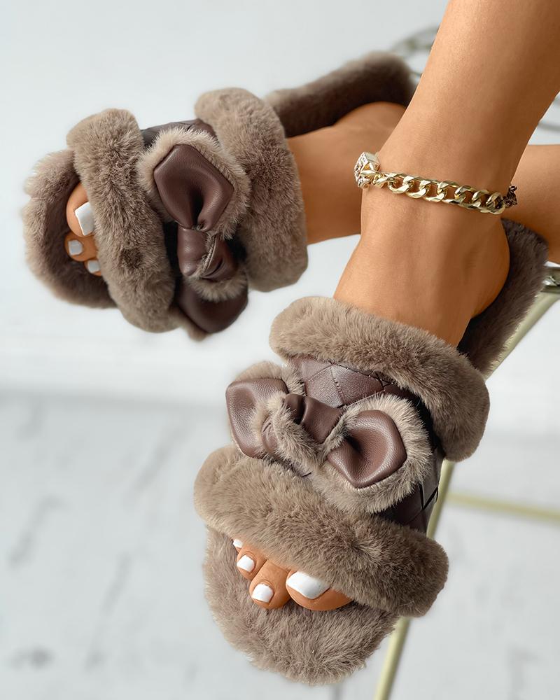 

PU Patch Bowknot Design Fluffy Slippers, Khaki