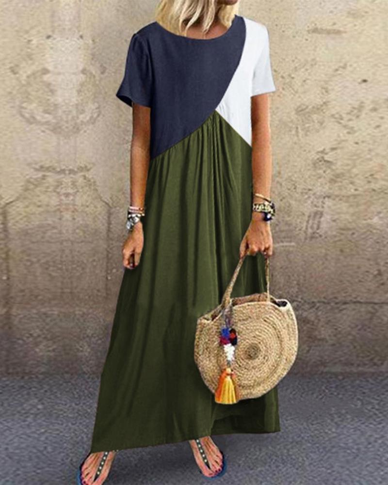 

Colorblock Patchwork Short Sleeve Maxi Dress, Green