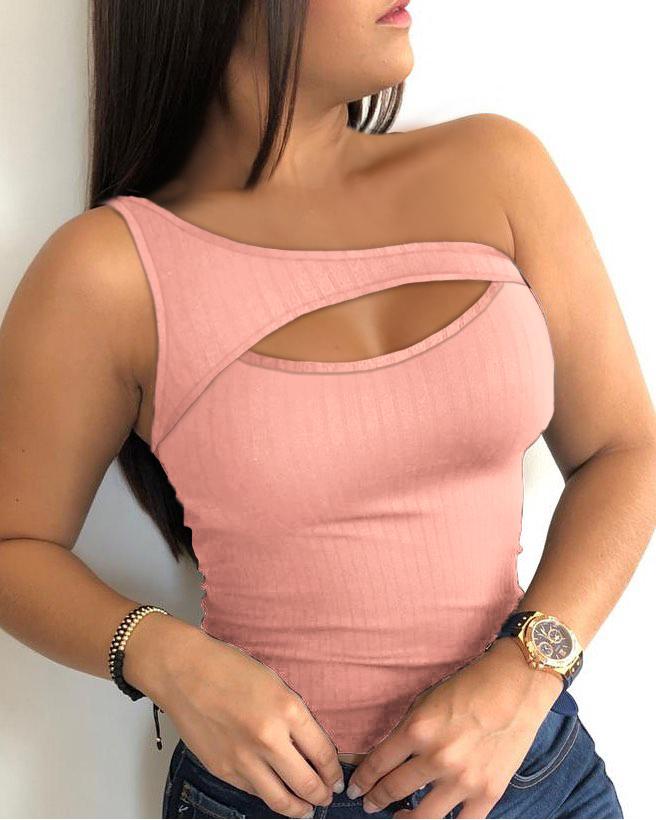 

One Shoulder Cutout Ribbed Zipper Design Top, Pink