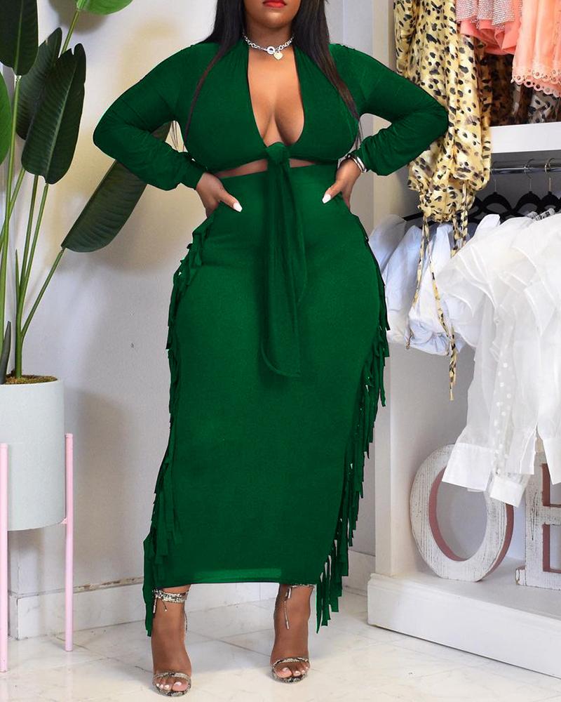 

Knotted Crop Top & Tassel Design Skirt Set, Green