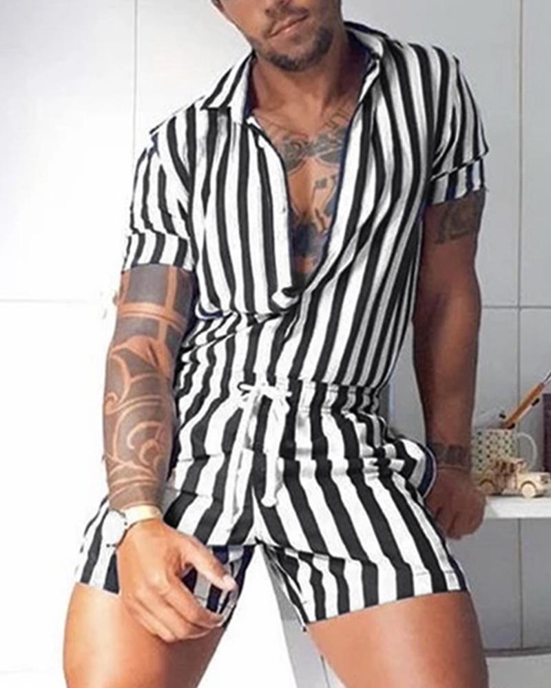 

Striped Short Sleeve Button-up Rompers, Black
