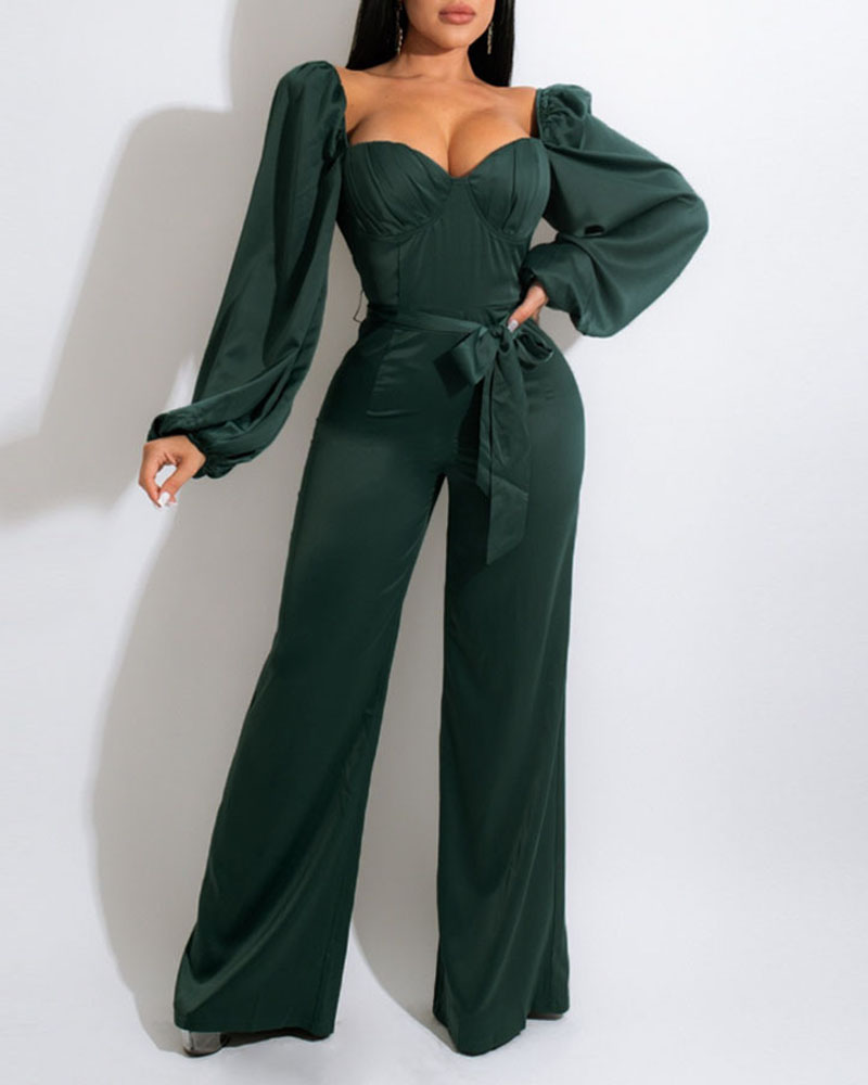 

Puff Lantern Sleeve Shirred Back Belted Jumpsuit, Green