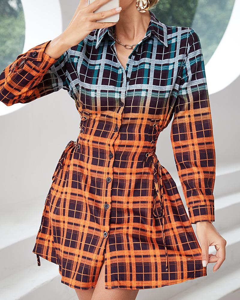 

Ombre Plaid Print Buttoned Shirt Dress, Orange