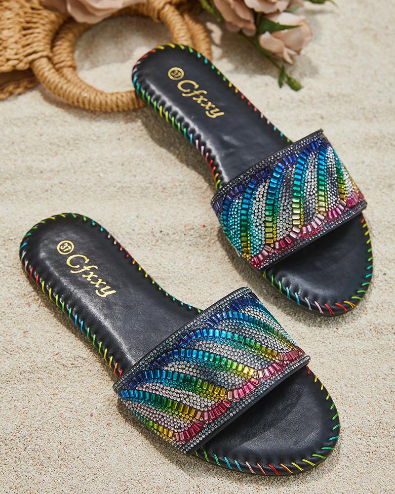 

Colorblock Rhinestone Round Toe Slippers, Black