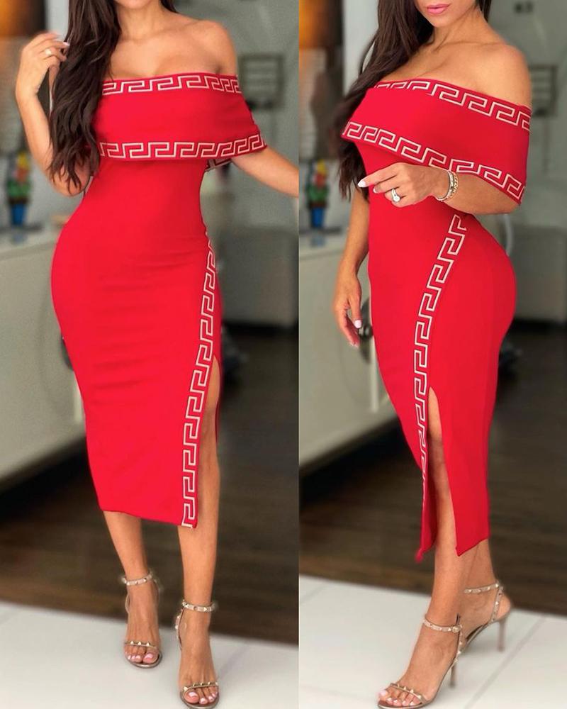 

Off Shoulder Geo Pattern Print Slit Dress, Red