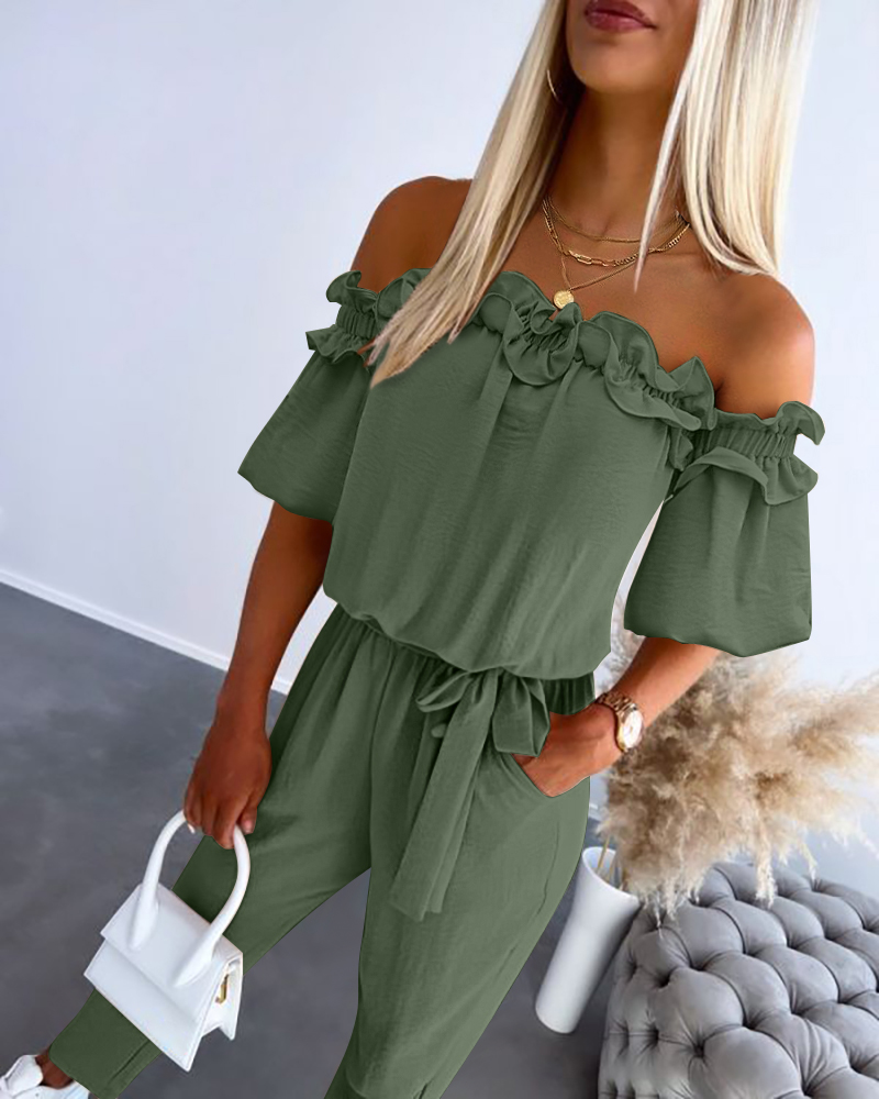 

Off Shoulder Frill Hem Tied Detail Jumpsuit, Army green